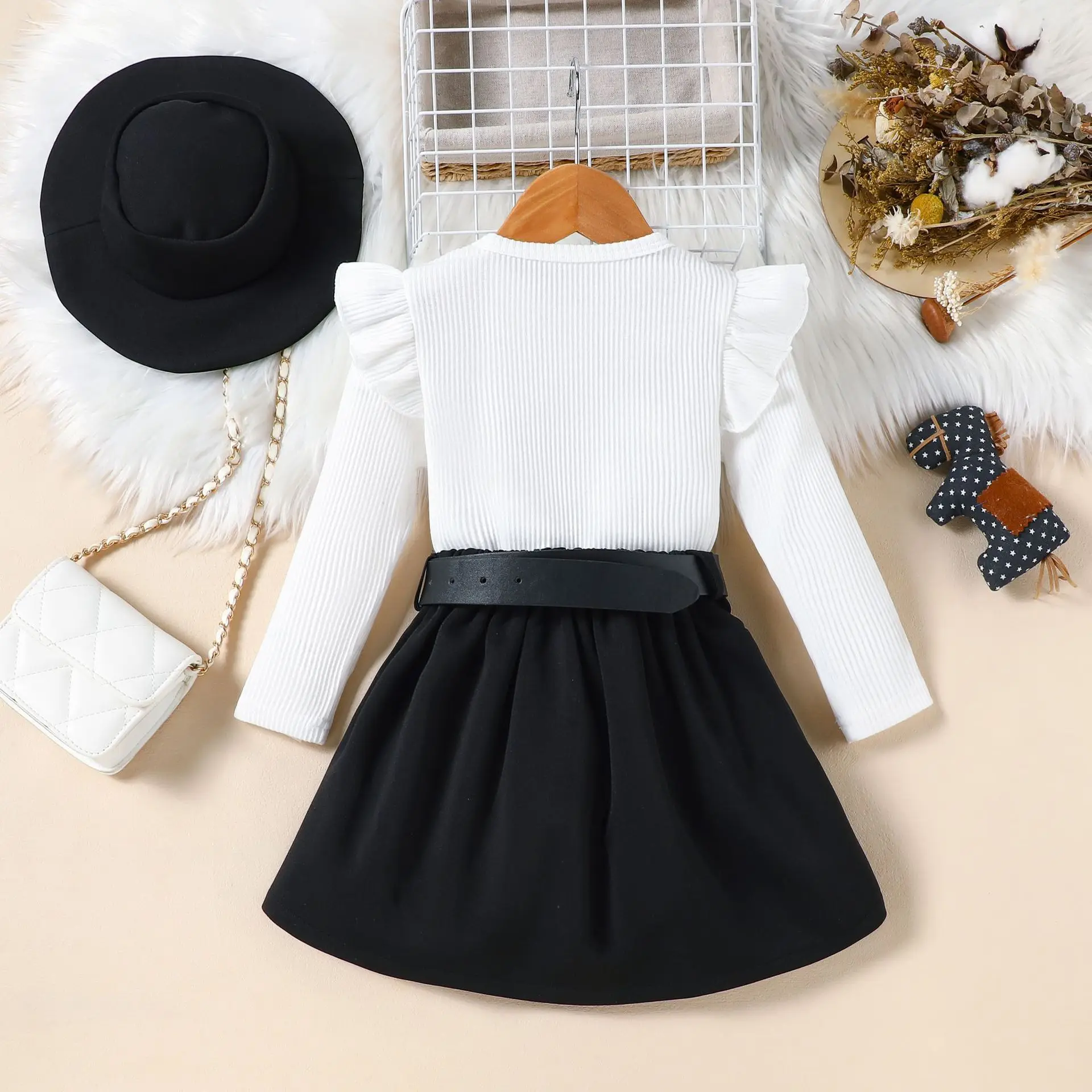 2025 Autumn And Winter Outfits Kids Girls' 3 Pcs Set Dress + Belt + Hat New Clothes For Baby Girls Toddler Clothing For 2-8Year