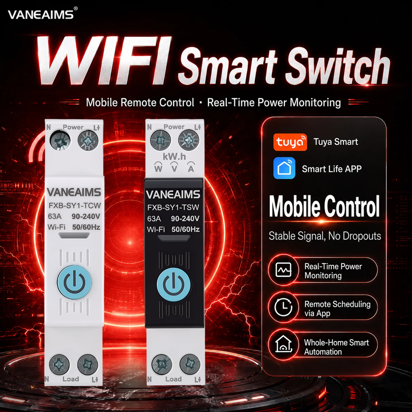 63A Tuya WiFi Smart Circuit Breaker 1P+N Over Current Under Voltage Protection MCB Power Metering Wireless Remote Control Switch