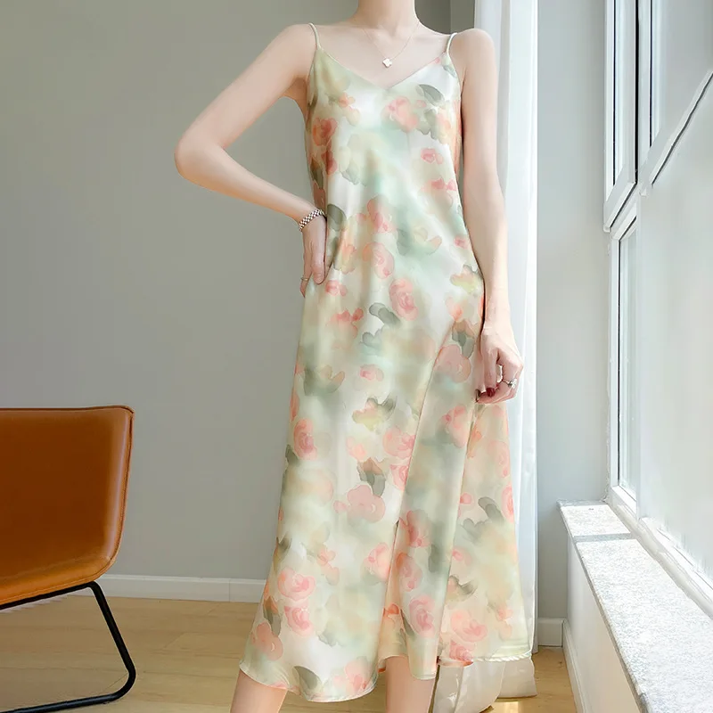 Floral Satin Long Maxi Dress V-Neck Sleeveless Korean Harajuku Style Summer Party Elegant Luxury Women\'s Sexy Gown