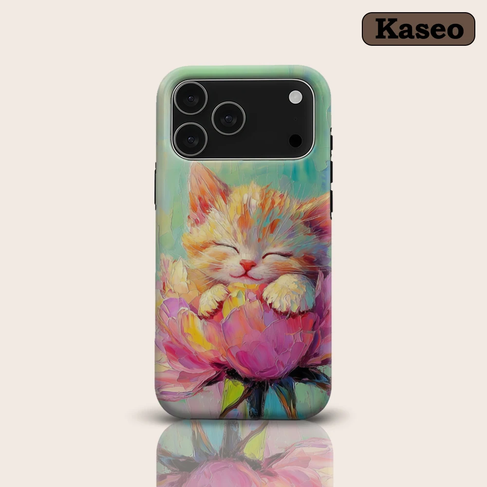 Ölgemälde Kätzchen in Pfingstrosenblüte für Magnetische Handyhülle für iPhone 17 16 15 14 13 Pro Max Plus Ein-/Doppelschichtige Robuste Hülle