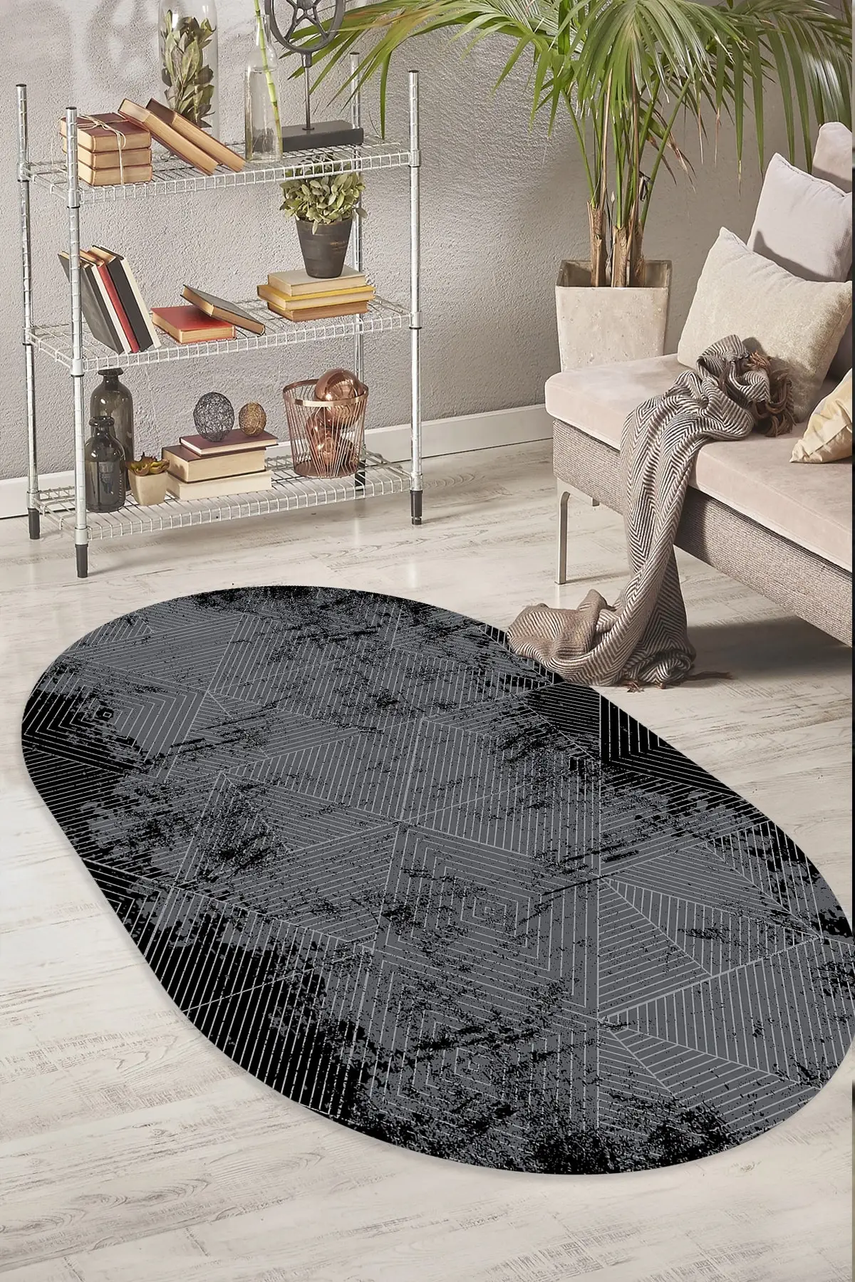 DOLBOVI digital printed non-slip sole washable geometric Des. Black, anthracite Oval carpet yole-d1185