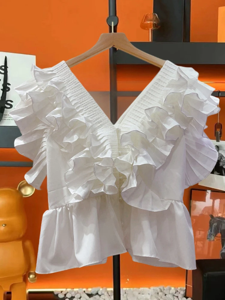 EWQ Casual Ruffles Design Blouse Women V Neck Sleeveless Solid Color Versatile Tops Fashion 2024 Summer New Clothing 17G6146