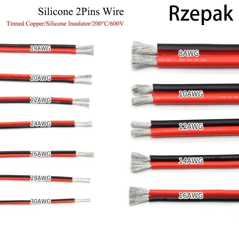 

Copper Wire Silicone Rubber Cable Super Soft 8 10 12 14 16 18 20 22 24 26 AWG 2Pins Flexible DIY LED Lamp Connector Black Red