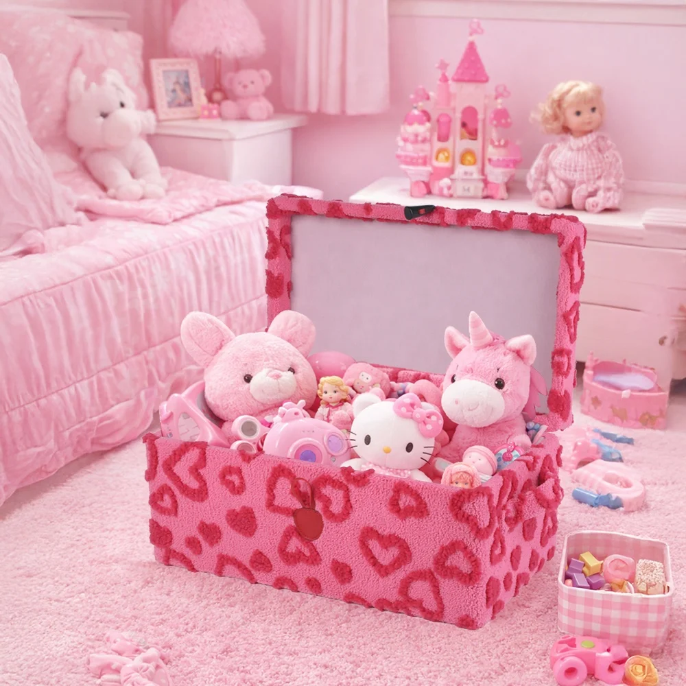 Small Size Pink Plush Fabric Decorative Storage Trunk With Toggle Closure For Girl Kid Bedroom Nursery Home Decor