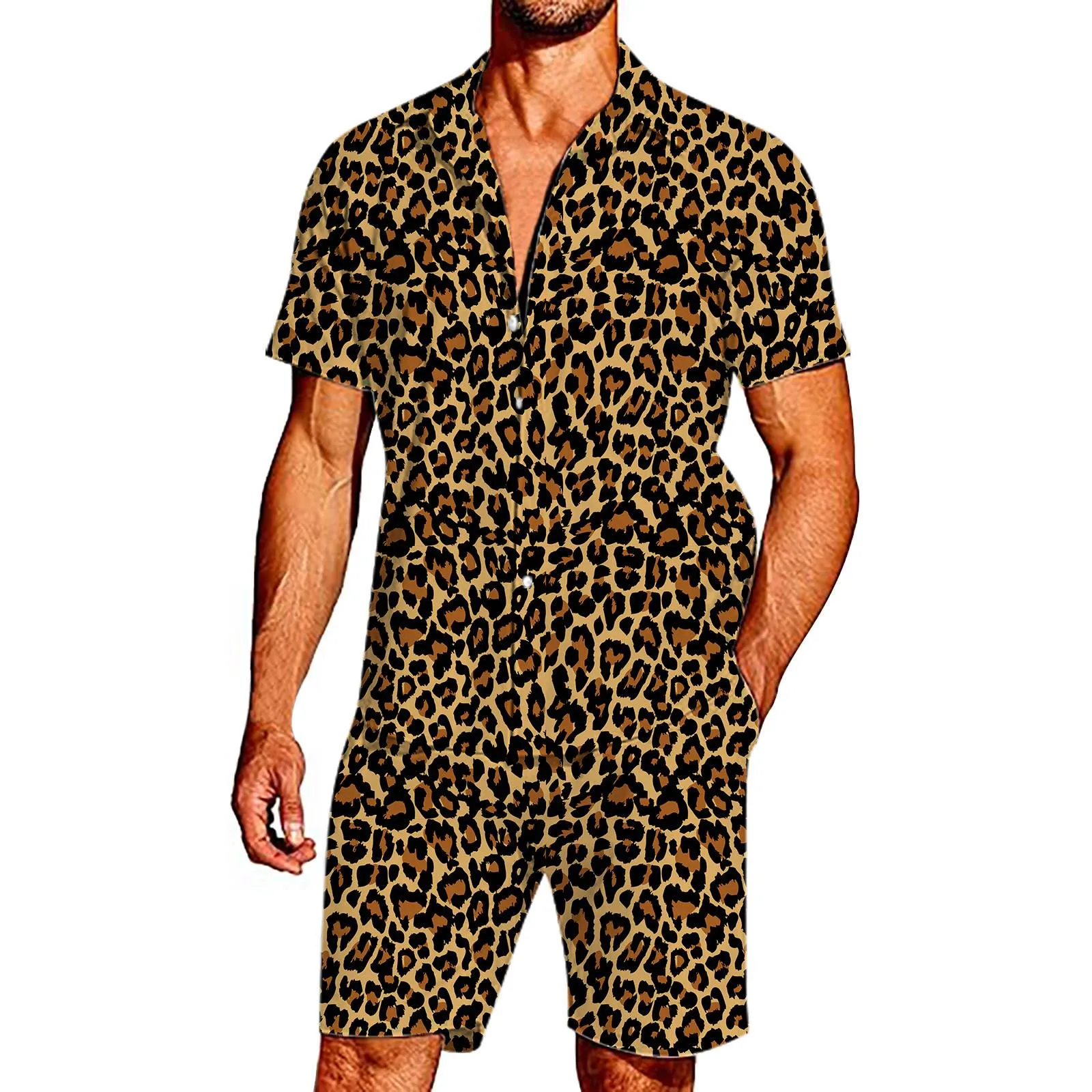 Fato de treino manga curta masculino, conjunto de camisas, roupa estampada leopardo, fato casual, roupas streetwear, moda verão, 2 peças