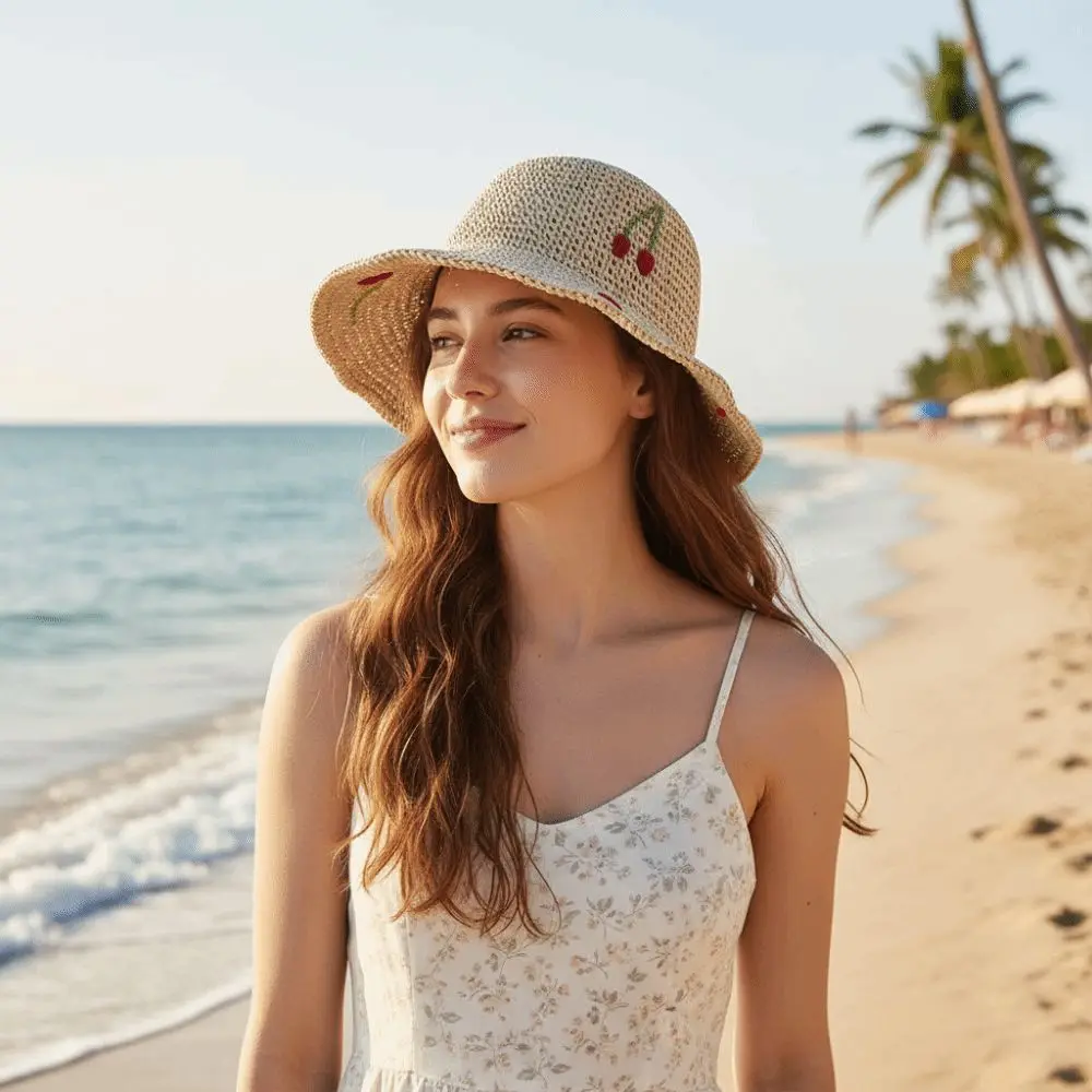 Fashion Cherry Decoration Women Sun Hat Breathable Sun Protection Beach Hat Foldable Fisherman Hat Summer