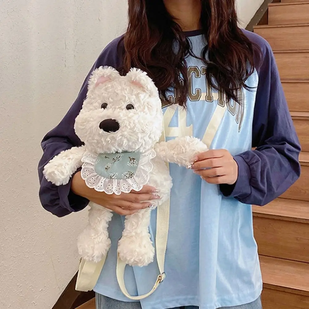 Mochila para perro Westie de algodón PP, bolsa de piel de peluche de gran capacidad, mochila suave y portátil para correr