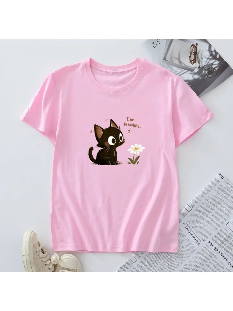 Damska bawełniana koszulka T-shirt Moda Kawaii Harajuku Kot Grafika T-shirty Letnie Krótkie Rękawy Damskie Koszulki Topy Odzież Damska — zdjęcie 2