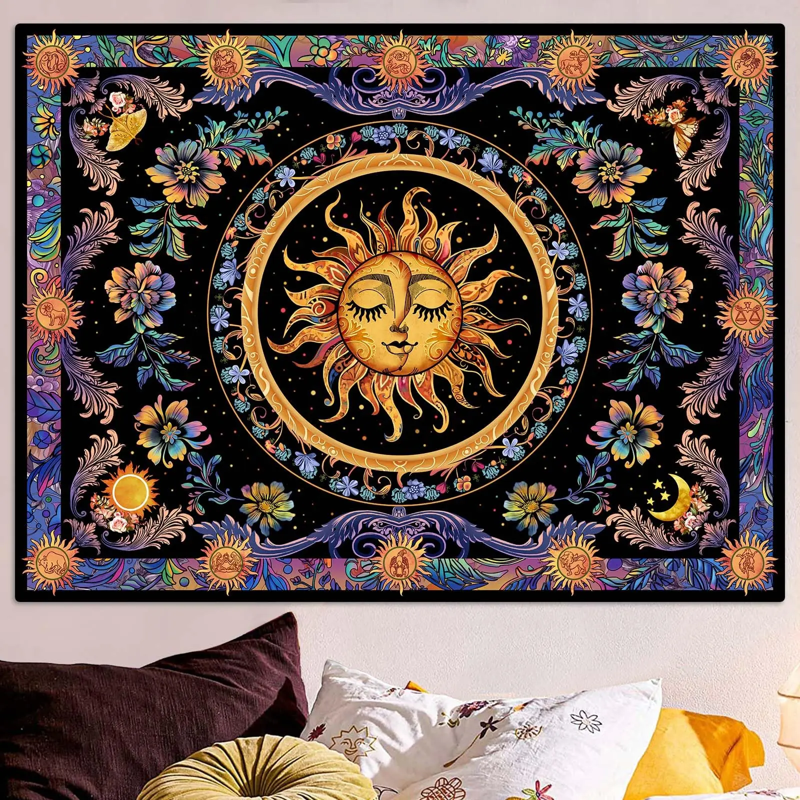 1PC Boho Sun Moon Floral Orange Purple Print Tapestry, Boho Style, Bedroom Living Room Kitchen Wall Hanging, Polyester, Wall Art