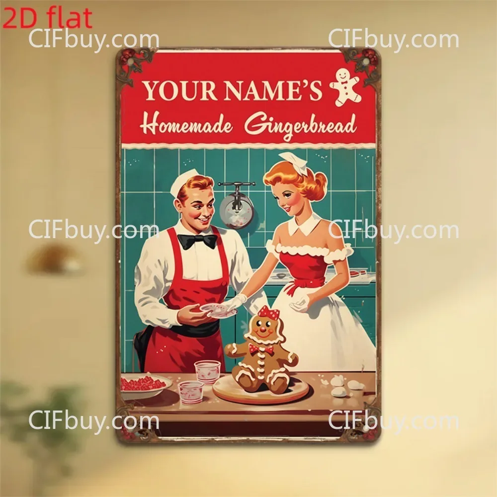 [2D Flat] 1pc Vintage Homemade Gingerbread Metal Sign Custom Name Retro Baking Kitchen Wall Decor (Only For Decoration)