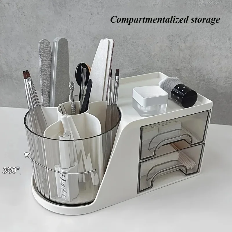 Multifunctional Rotating Desktop Storage Box with Two Drawers Pen Holder Organizer for Office School Stationery JJ4671