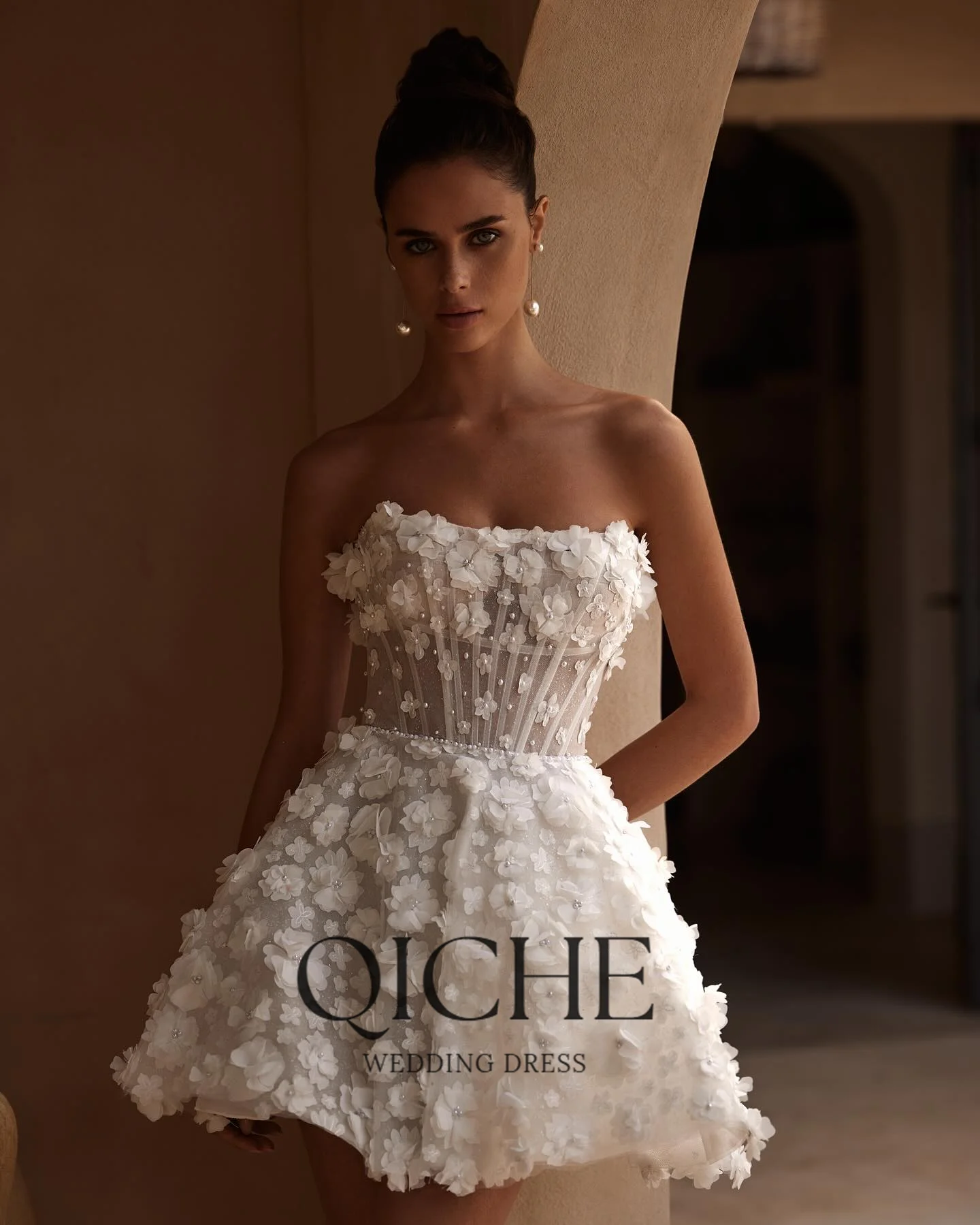 QICHE Mini 3D Flowers With Pearls Wedding Dress Detachable Puffy Sleeve And Train vestidos de novia A-line After Party image 3