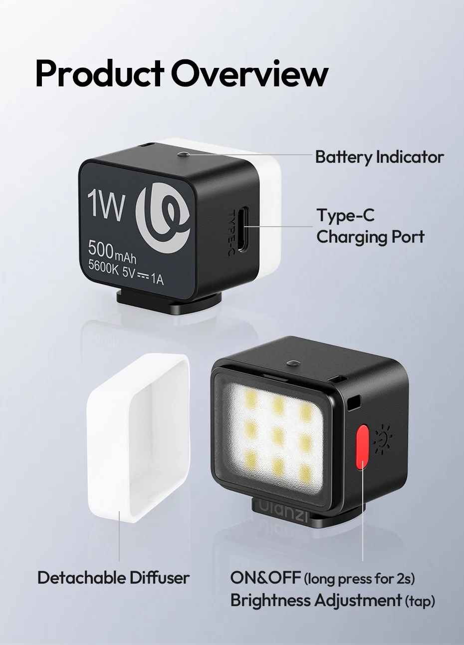 Ulanzi DG01 Cube Light Mini-Fotografie-Licht für Action-Kameras, Stative, Selfie, Live-Streaming, Vlog, Produktaufnahmen, Videoanruf – Detail 14
