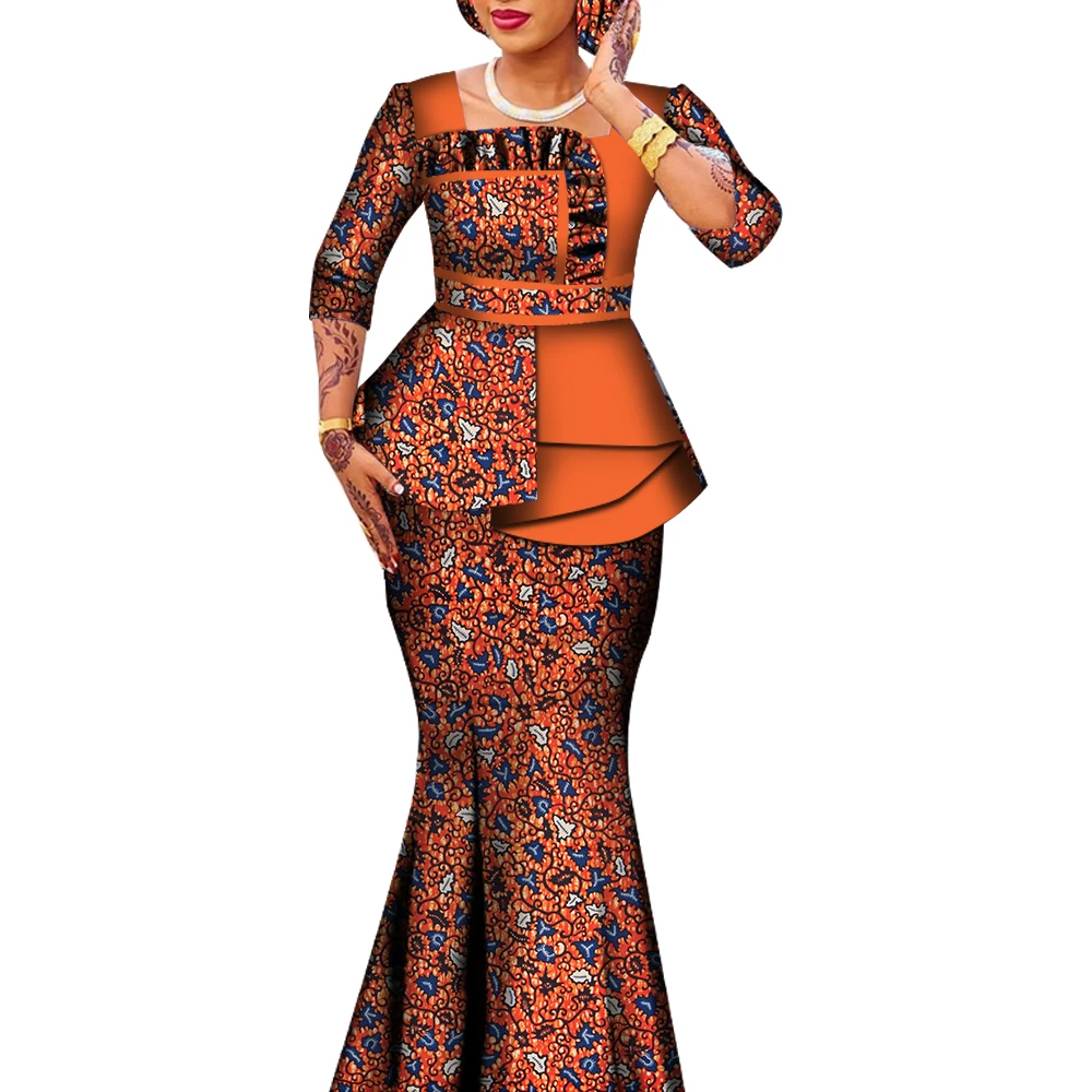2 Pieces Set African Print Skirts & Tops African Outfits for Women Ruffles Blouse and Long Skirt Plus Size Suits WY6592