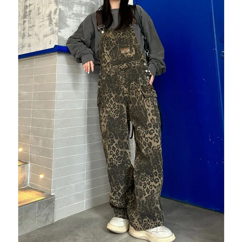 

Loose Fit Leopard Print Womens Jumpsuit Denim Overalls Casual Chic Autumn Winter New American Retro Style Wide Leg Trousers