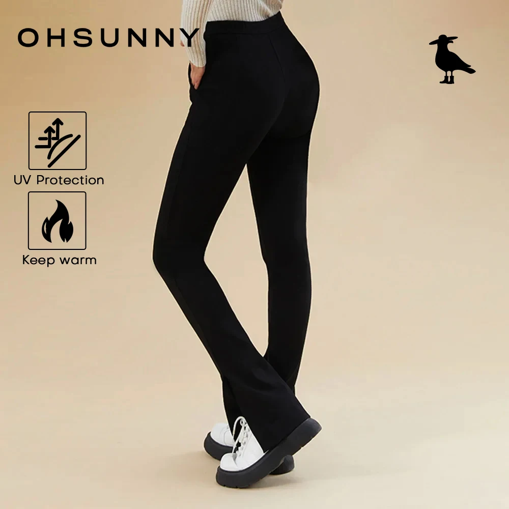 

Женские расклешенные брюки OhSunny, утепленные черные эластичные облегающие Зимние Повседневные Брюки-клеш с высокой талией и разрезом