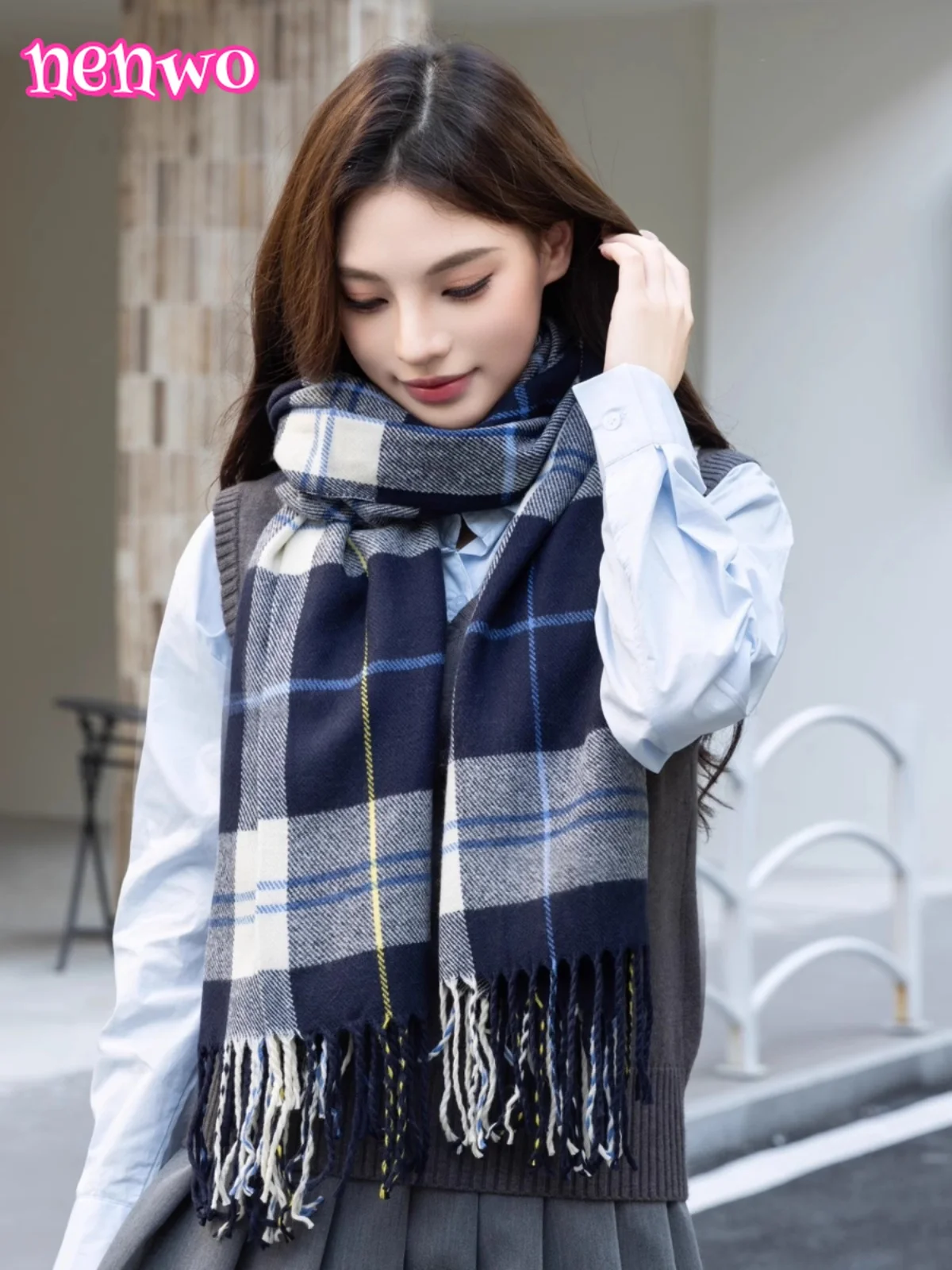 

Шарфы японский клетчатый шарф шаль имитация кашемира зимний кофейный синий теплый пара студенческий стиль JK студенческий клетчатый шарф шаль