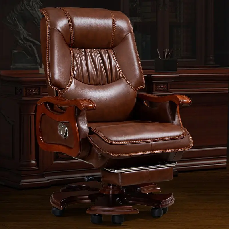 Business President Office Chair Cowhide Massage Solid Wood Classroom Chair Reclining Leather Computer Chair