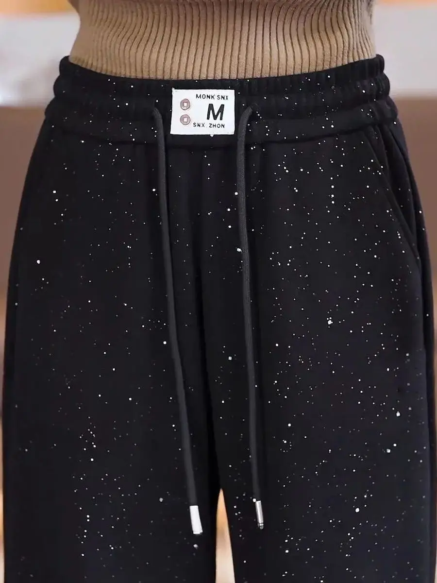 Black Sequin Wide Leg Pants Shiny Sparkling Starry  High Waist Elastic French Style Casual Straight Leg Pants for Women