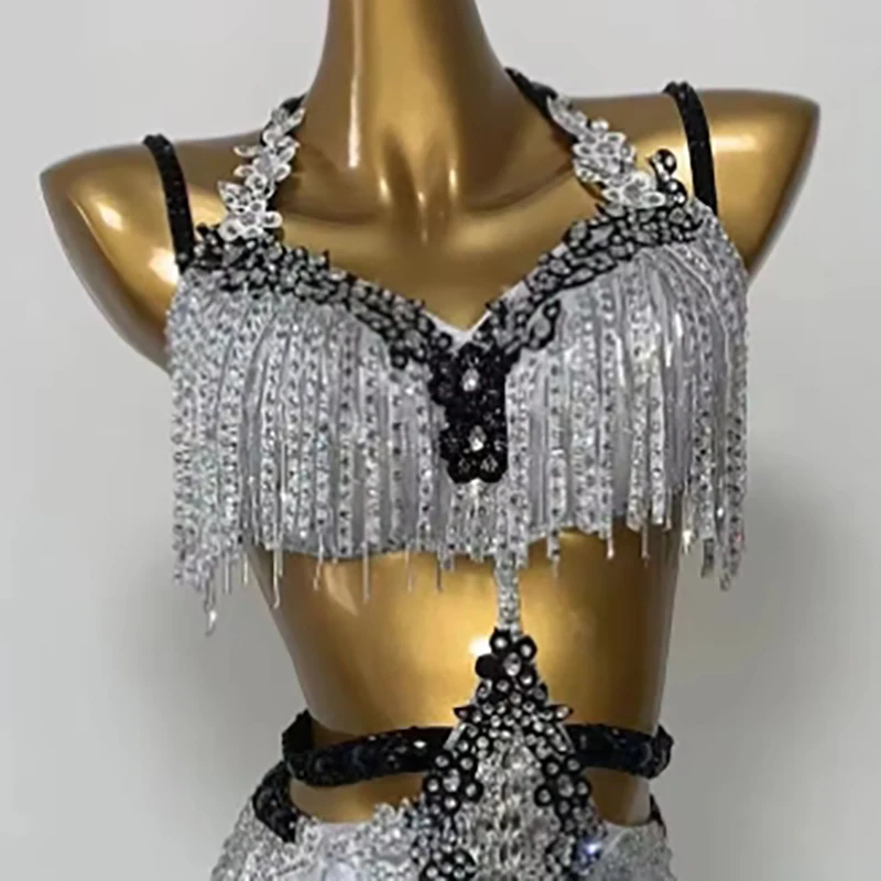 

Женское высококачественное вечернее платье для соревнований по латинским танцам, ярко-серебряная цепочка со стразами, костюм для выступлений, платье
