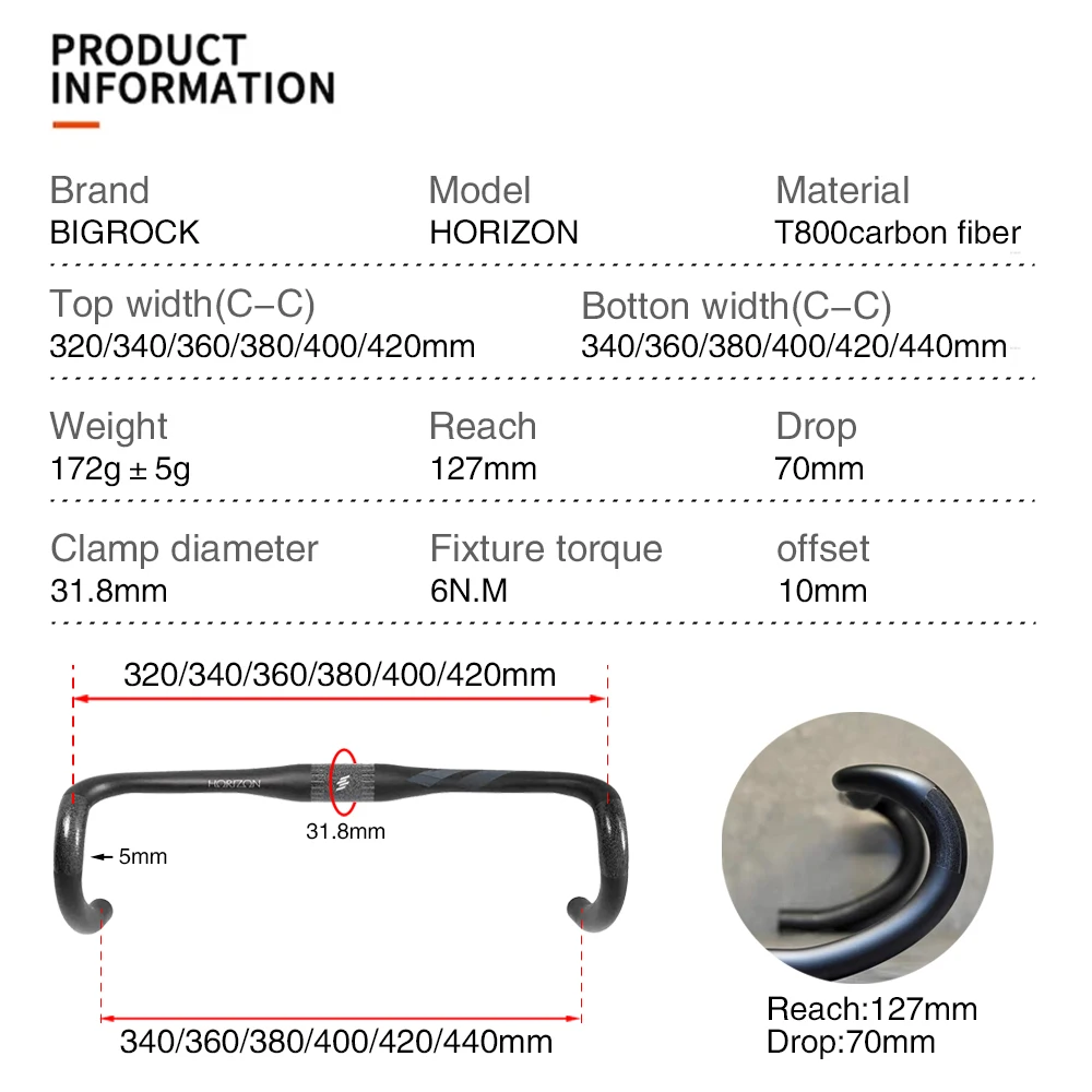 BIGROCK HORIZON T800 Carbon Bike Handlebar for Road/Gravel Bicycle 320-420 Black Matt Support Fully Internal Routing 10mm Offset