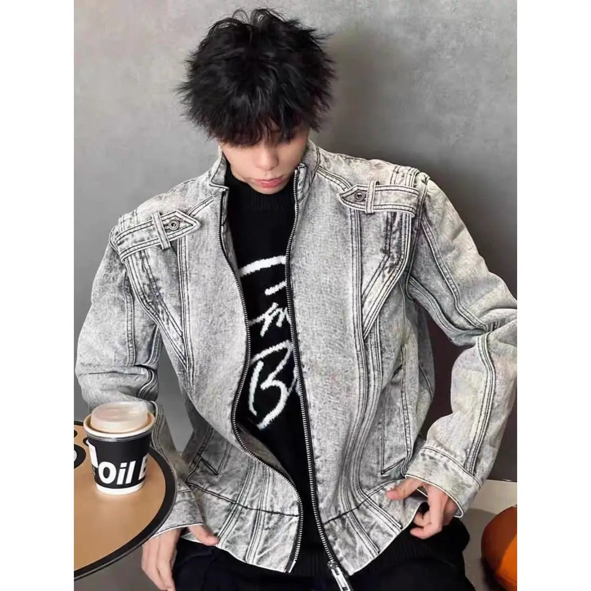 

Waed oulder ort Denim Jaet Retro Distred Stand Collar Men's Faion Streetwear Vintage Sle Polyester Fiber