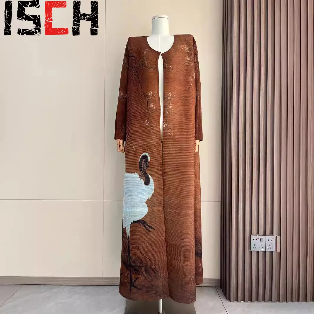 Pleats Long Pleated Robe Trench Coat 2024 Summer New Versatile Long-sleeved Coat Coat Cloak Crane Print Fashion Robe Clothing