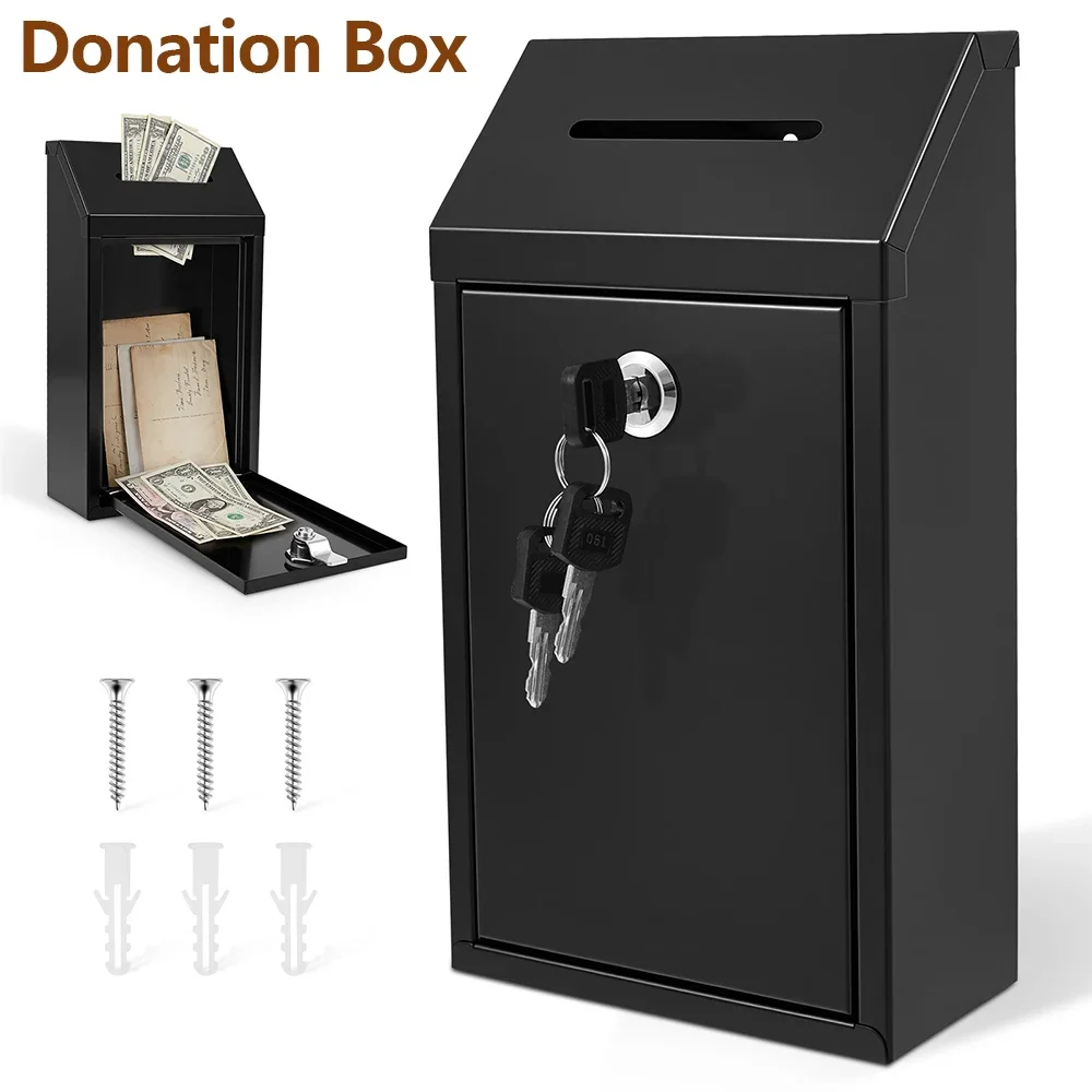 Lockable Donation Box Wall Mount Metal Money Drop Box with Lock and 3 Keys Heavy Duty Cash Collection Suggestion Box for Outdoor