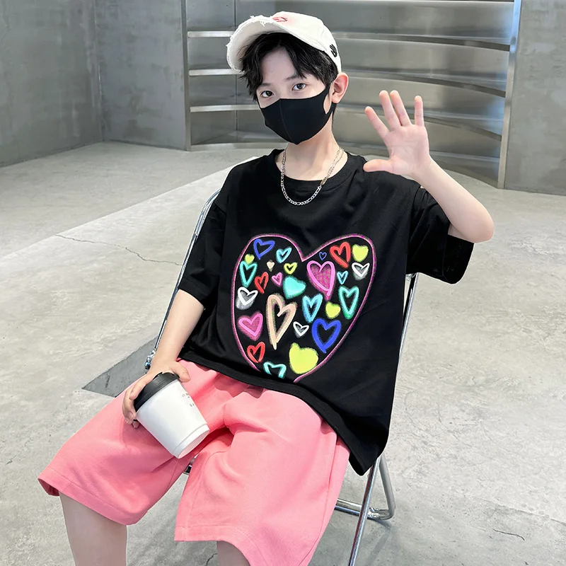 Summer Boys Suit Heart-Shaped Children Clothes Set for Kids Teenagers Casual Cotton T-shirt And Shorts 2 Pieces Tracksuit Child
