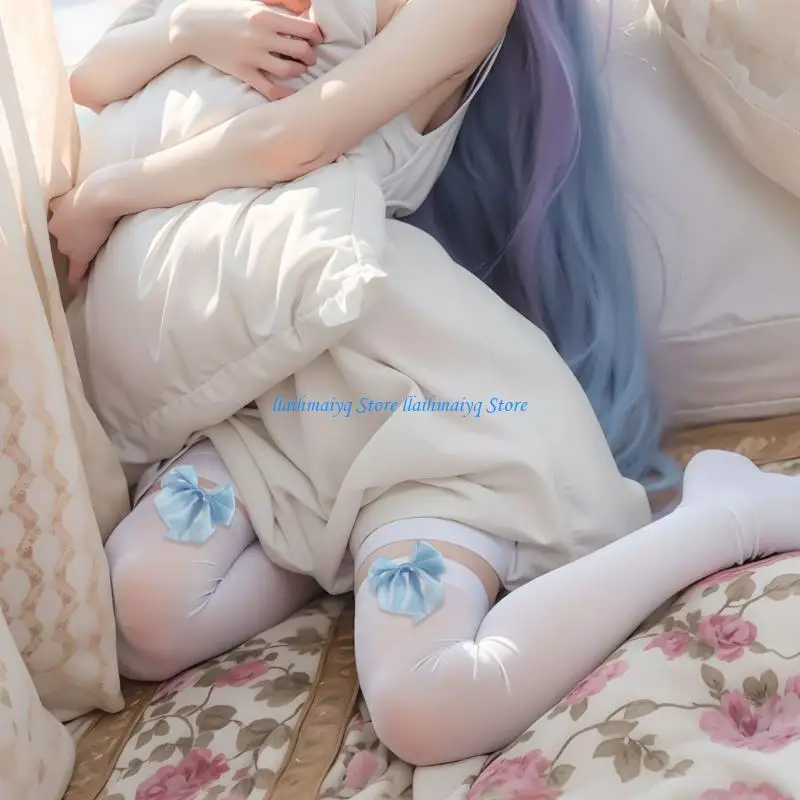 

573B Women Velvets Thigh High Socks with Feminine Bows Detail for Daily and Party Use