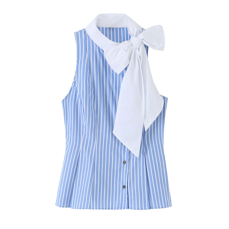 

YENKYE Bow Tie Blue Striped Sleeveless Shirt Women Summer Elegant Casual & Office Tops Everyday Wear