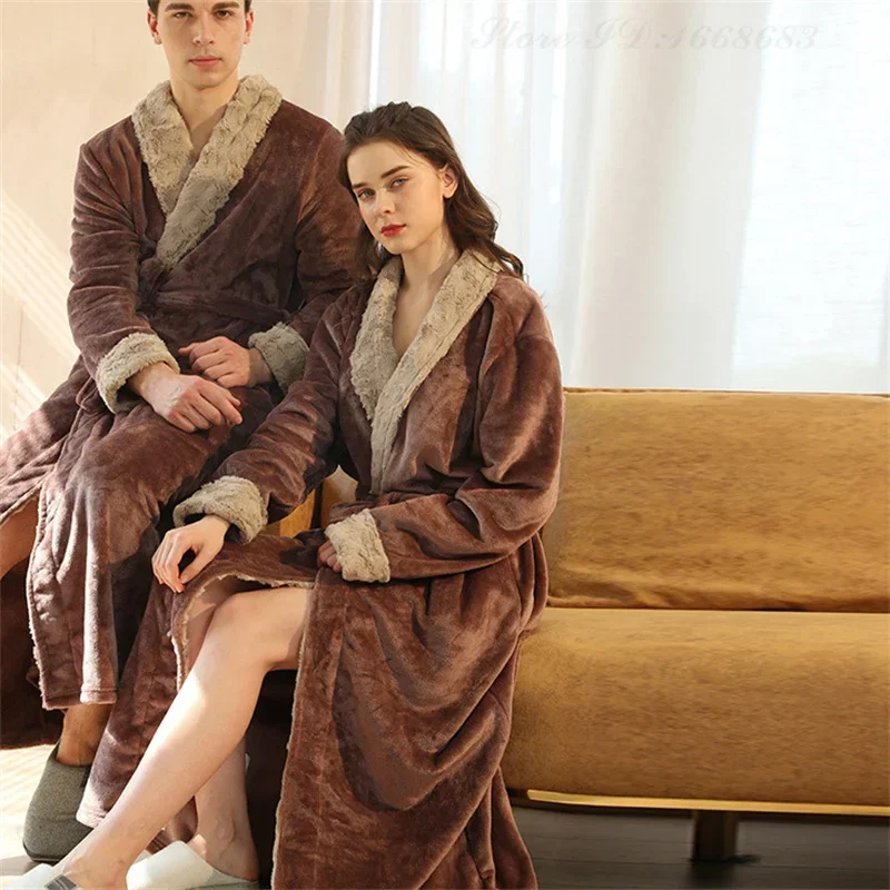 Couple Sleepwear Home Clothes Men's Coral Fleece Long Robe Thicken Flannel Lounge Wear Winter Loose Casual Bathrobe Nightwear