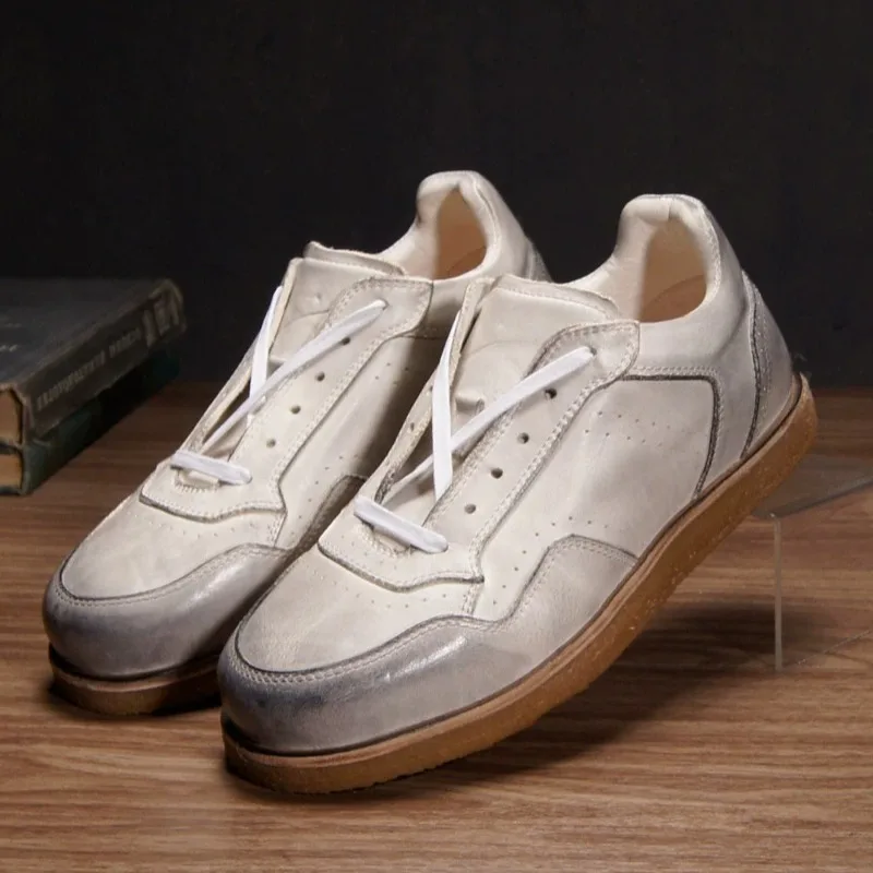 High End Fashion Smoke Rubber Bottom Sports Casual Shoes Men's Oxfords Handmade Retro  Washed Breathable Genuine Leather Male