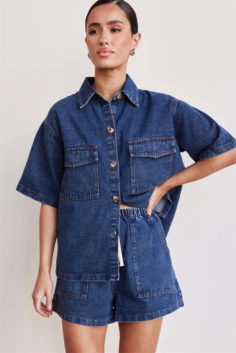 

Streetwear Denim 2 Piece Sets Women Outfit Summer Clothes Women Short Sleeve Shirt Top and Shorts Sets Jean Tracksuit Woman Sets