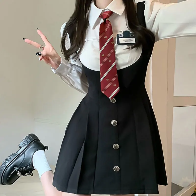 Japanese JK Uniforms Suit Slim American Girls College Style Uniform Set Shirt Strap Skirt Korean Graduation Student Costume