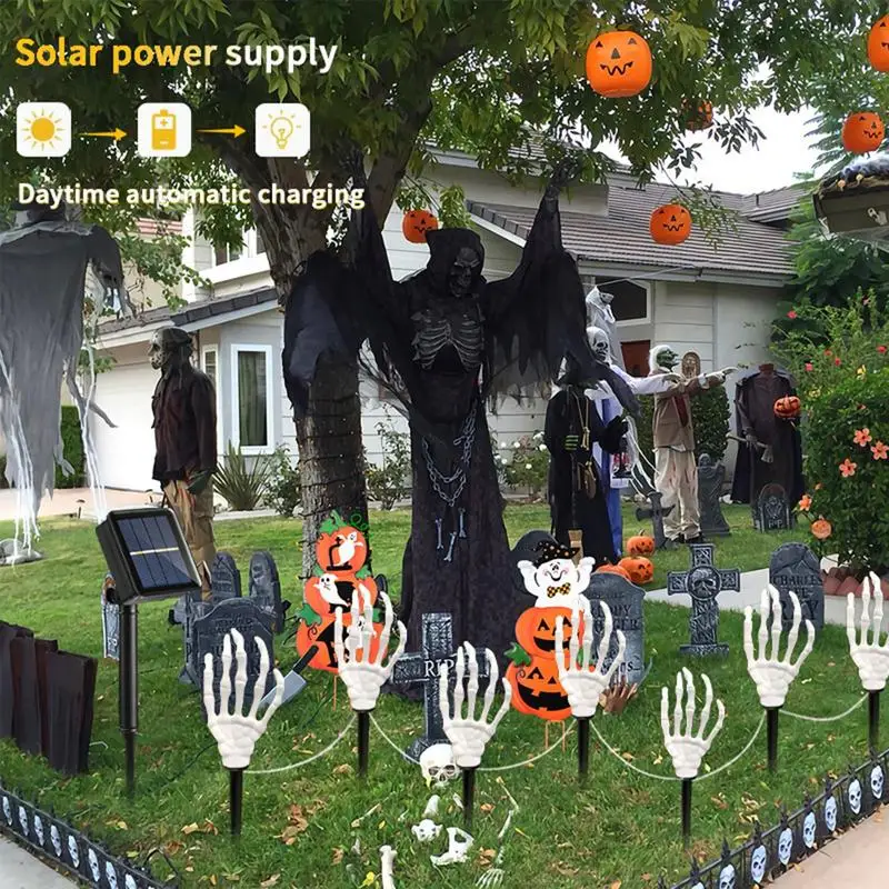 Lighted Skeleton Arm Stakes Solar Powered Scary Halloween Decorations Outdoor Water Resistant Realistic Hands Bone Skeleton For