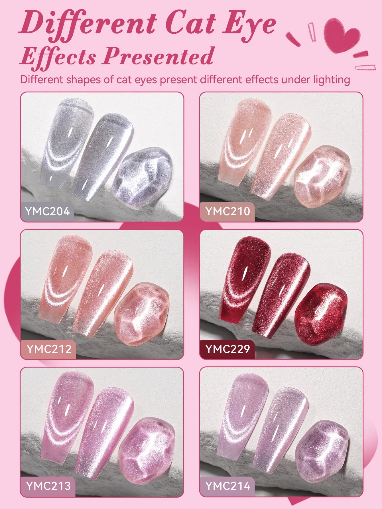 YOKEFELLOW Magnetic Gel Nail Polish Amour de Cristal Gel Polish Pink Valentine's Day UV Cat Eye Gel for Nail Art Manicure DIY