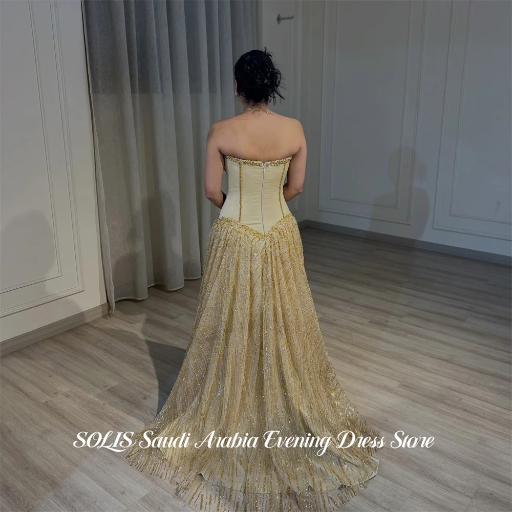 SOLIS Champagne Party Dress Strapless Sleeveless Evening Dress Beading On Chest فساتين السهرة for Wedding Zipper Back Customized