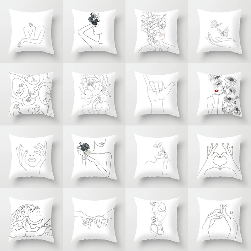 Modern Nordic Cushion Cover Sofa Decor Pillow White   Abstract Line Portrait Sketch Polyester Print