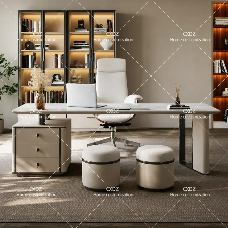 Saddle Leather Desk with Side Cabinet Rock Slab Top Stainless Steel Frame Simple Light Luxury Computer Study Table and Chair