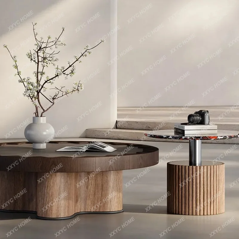 XX Medieval style round coffee table combination creative walnut retro art minimalist living room small apartment