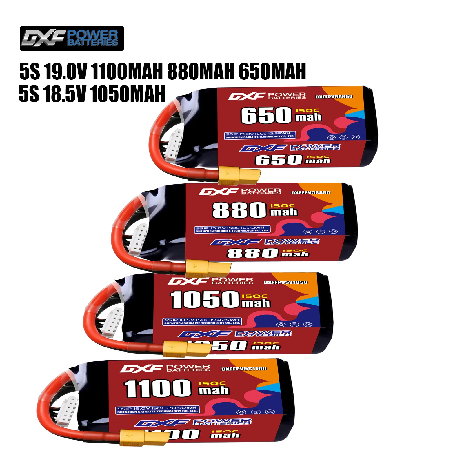 DXF Lipo 5S batterie 19.0V 1100mAh 880mAh 650mAh 18.5V 1050mAh 150C avec prise XT30 XT60 JST pour hélicoptère FPV quadrirotor Drone