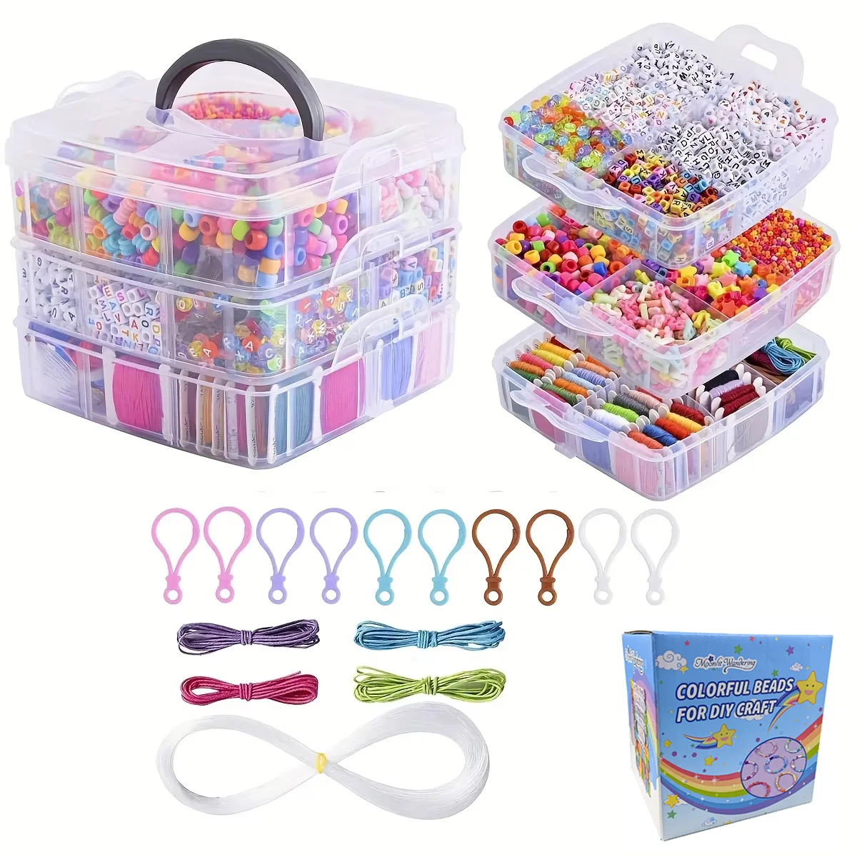 5000 шт. Набор ювелирных бусин своими руками с 3-слойной коробкой - смешанные бусины и разноцветными нитками, идеальный подарок на день рождения для изготовления ювелирных изделий