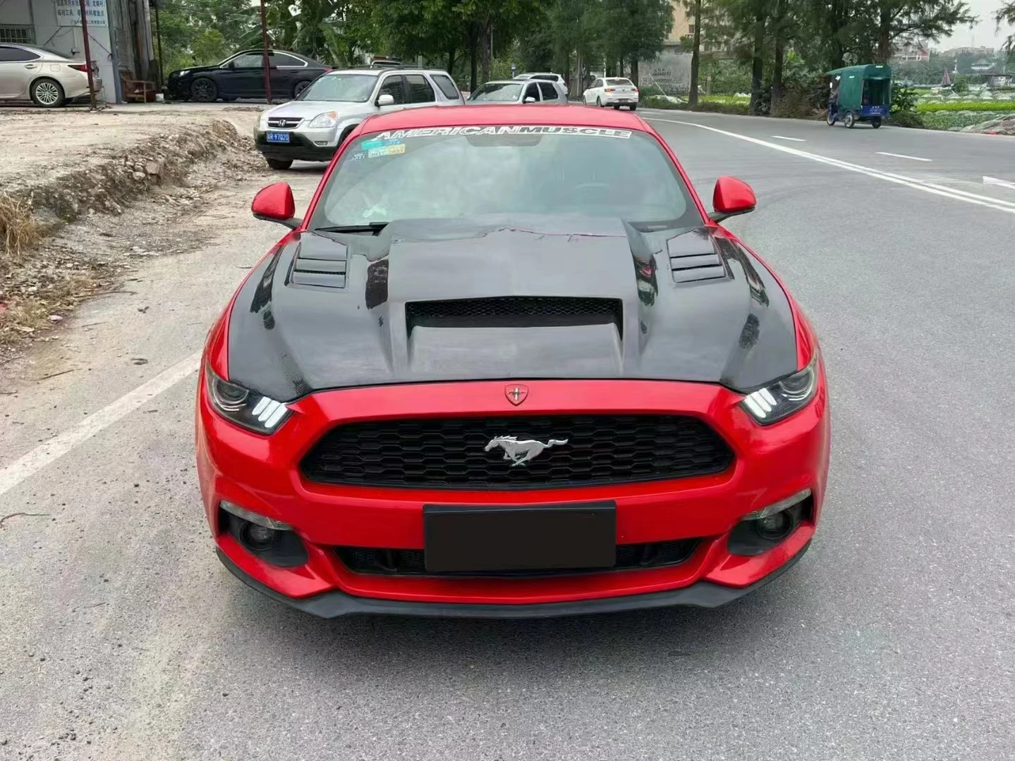 

For Ford Mustang 2015-2017 Hood engine cover Clear Engine Hood Cutout Cooling Front Valve Cover Body Kit TF Style Carbon Fiber