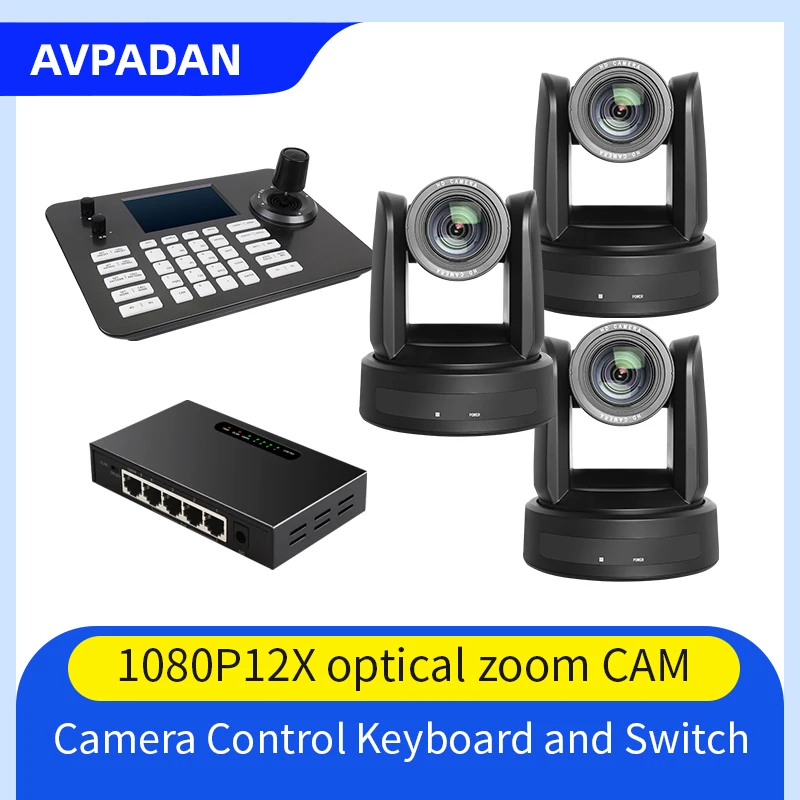 Live Solution Kit, 3pcs 10X 12X 20X Optical Zoom AI Auto Focus NDI PTZ Camera and One Joystick controller and One PoE Switch