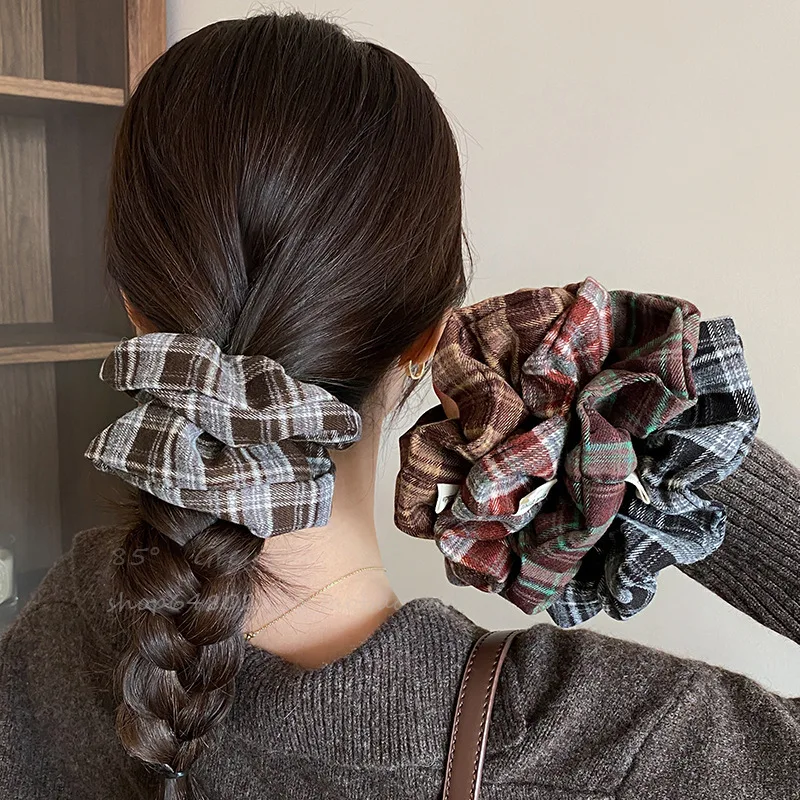 20PCS/LOT College-style Retro Dark-Colored Plaids Large Elastic Hair Tie for Women New Fashion Hair Accessories Hair Band