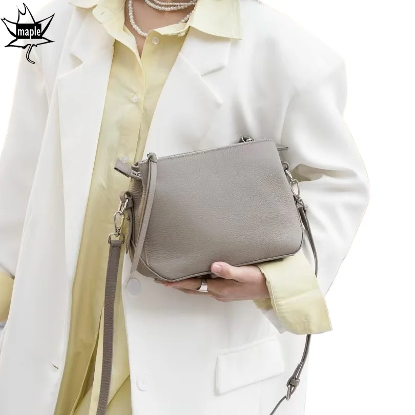 New Multiple Compartments Casual Flap Bag First Layer Cowhide Leather Women Shoulder Crossbody Bag 2 Straps Beige