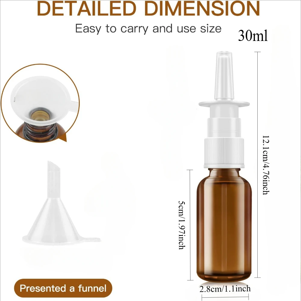 6 Stück 10ml 20ml 30ml Leere Nasenspray-Pumpflaschen aus bernsteinfarbenem Kunststoff, nachfüllbare tragbare Nasensprayflaschen, Verpackungszubehör – Detail 2