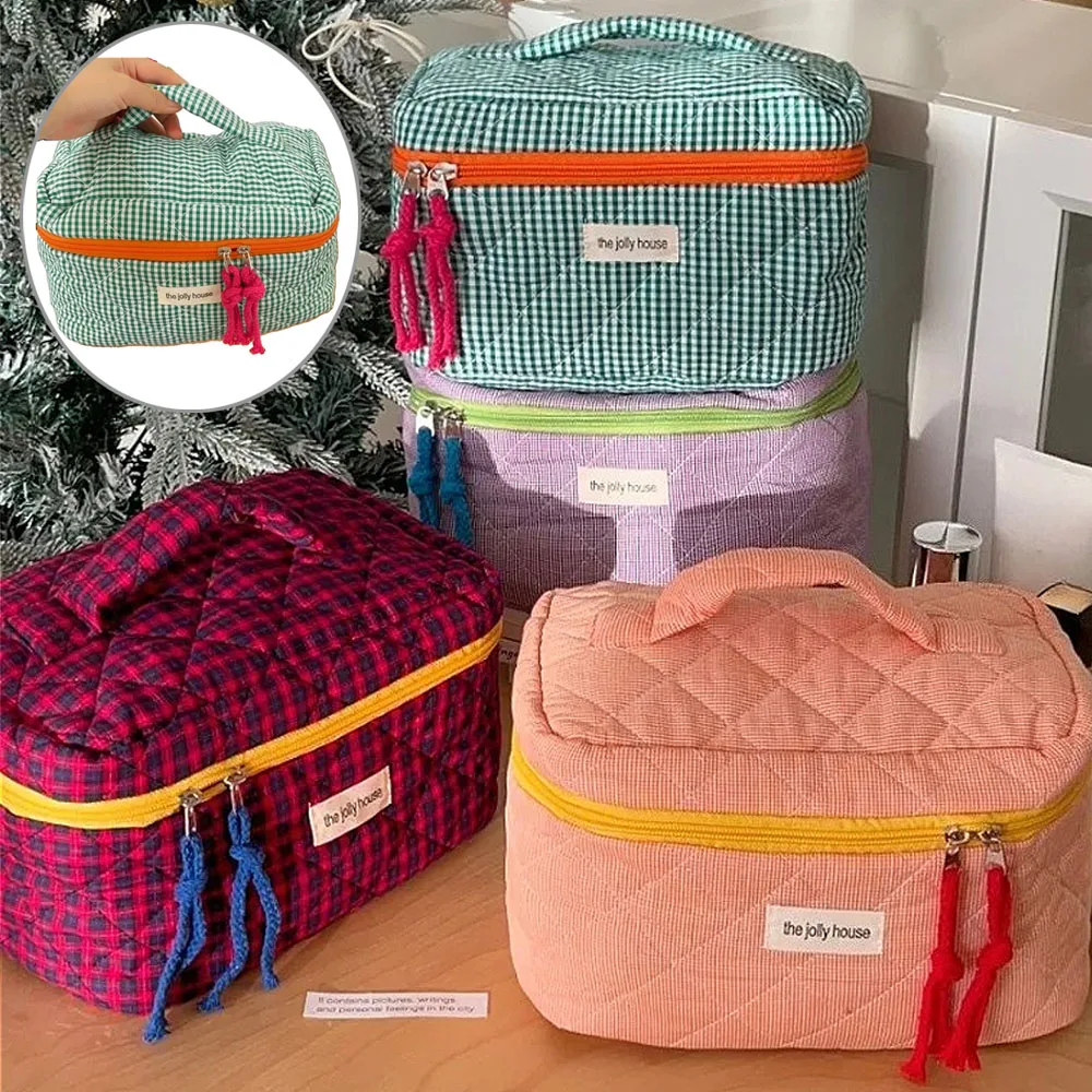 

Color Blocking Grid Storage Bag Quilting Women Cosmetic Bags Cute Zipper Makeup Travel Organizer Female Handbag Toiletry Pouch