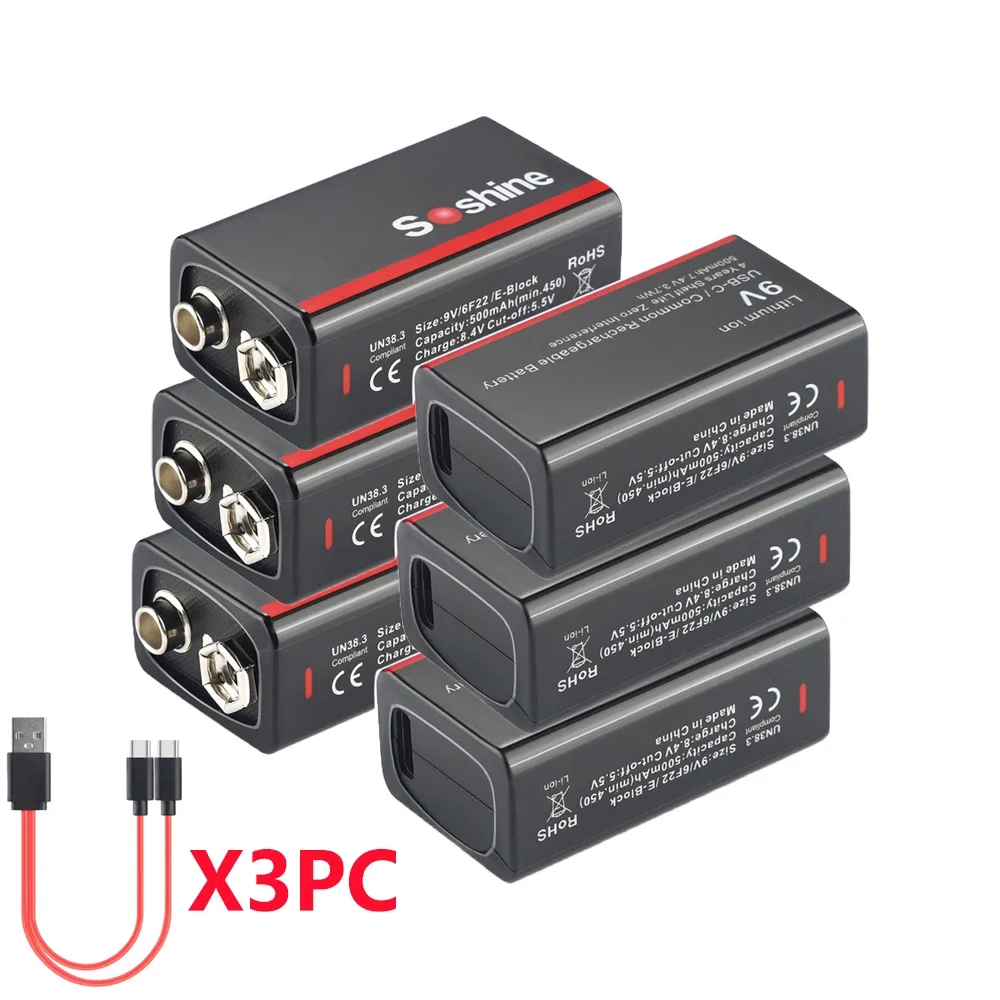 Soshine 500mAh USB-lithiumbatterij 9V 500mAh Lage zelfontlading Li-ion oplaadbare batterij 4 jaar houdbaarheid 4LED Power Display